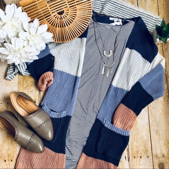 Sweaters - Color Block Long Cardigan Sweater FREE NECKLACE